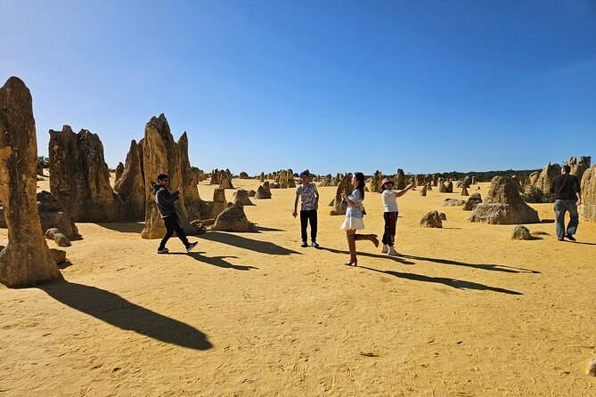 Long shadows thrown across the sand by the pillars in low sun